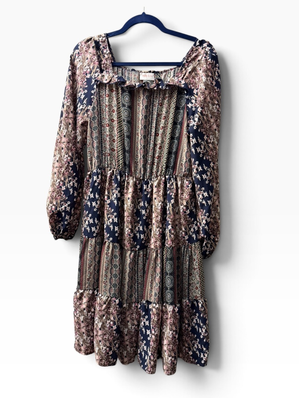 Hailey & Co Small Boho Mixed Floral Print Tiered Long Sleeve Dress